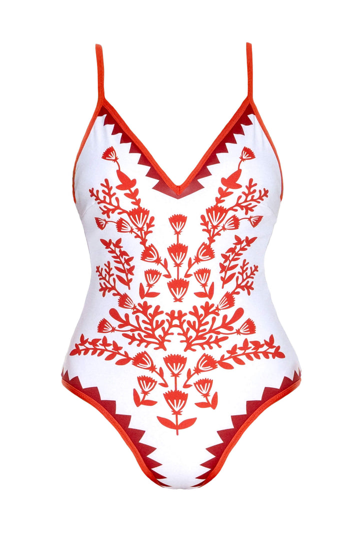 Red Coral Reversible V-Neck One-Piece Swimsuit