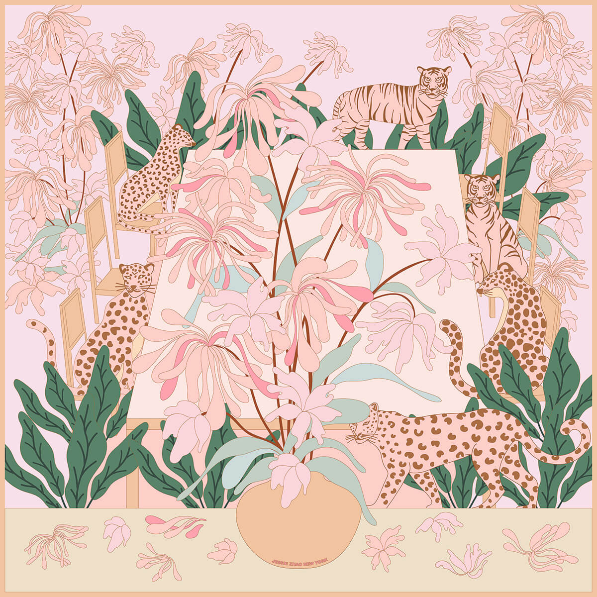 Double Sided Silk Scarf Night Jungle Gathering