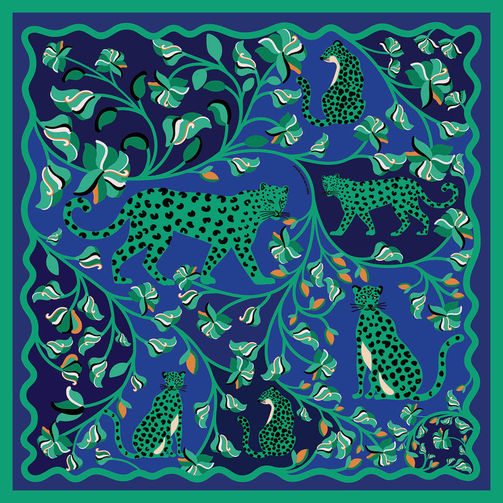 Double Sided Silk Scarf Leopards Verdant Wild