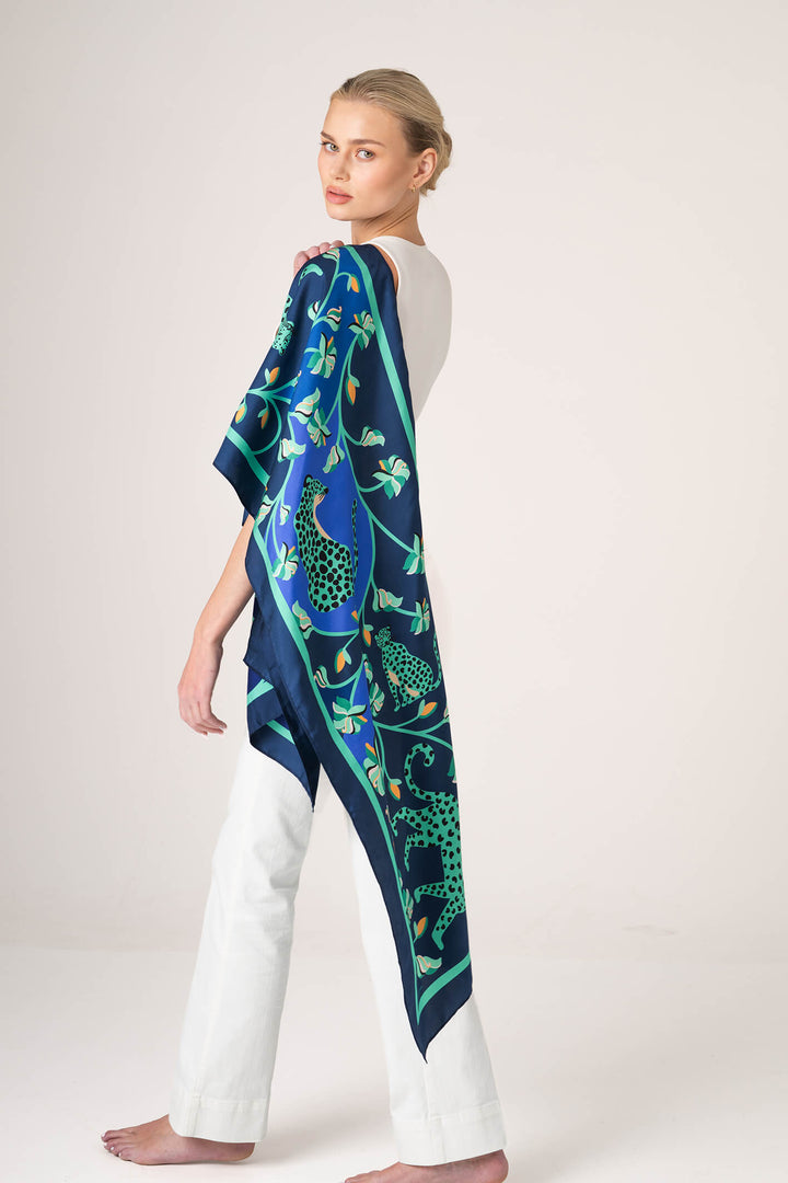 Leopards In The Verdant Wild Oblong Silk Scarf