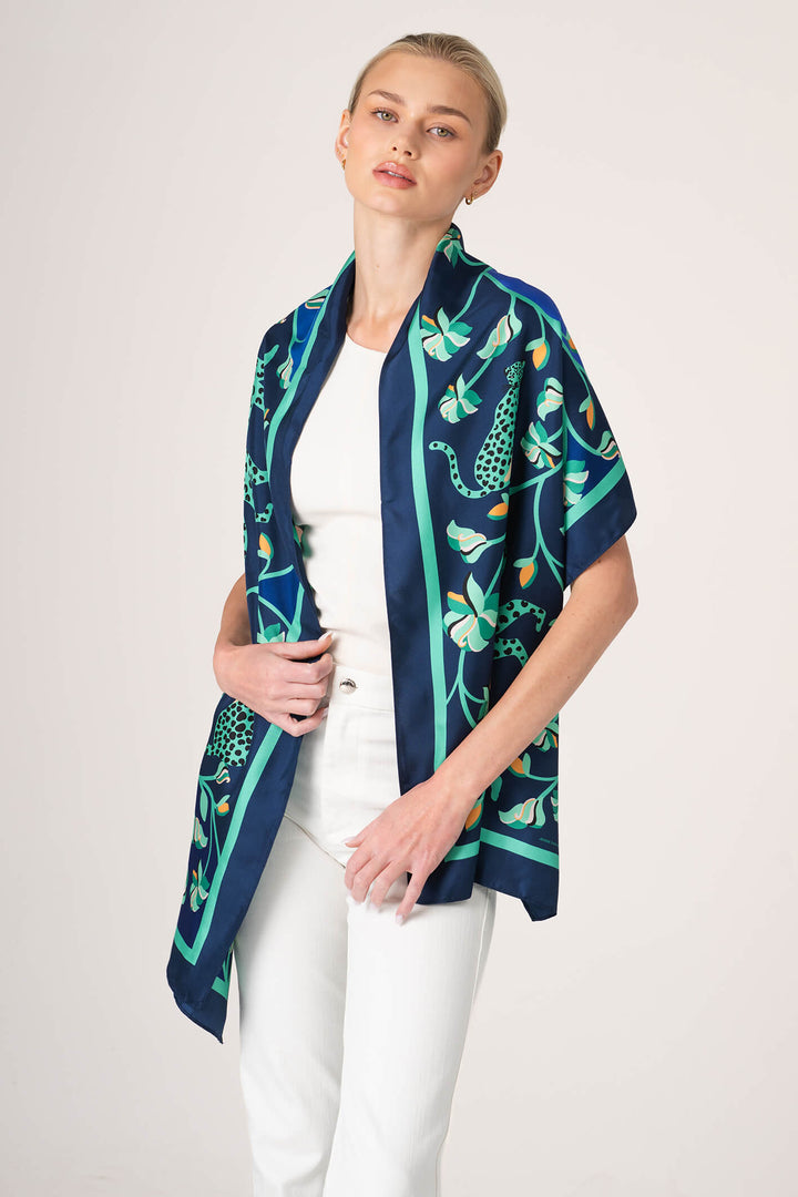 Leopards In The Verdant Wild Oblong Silk Scarf