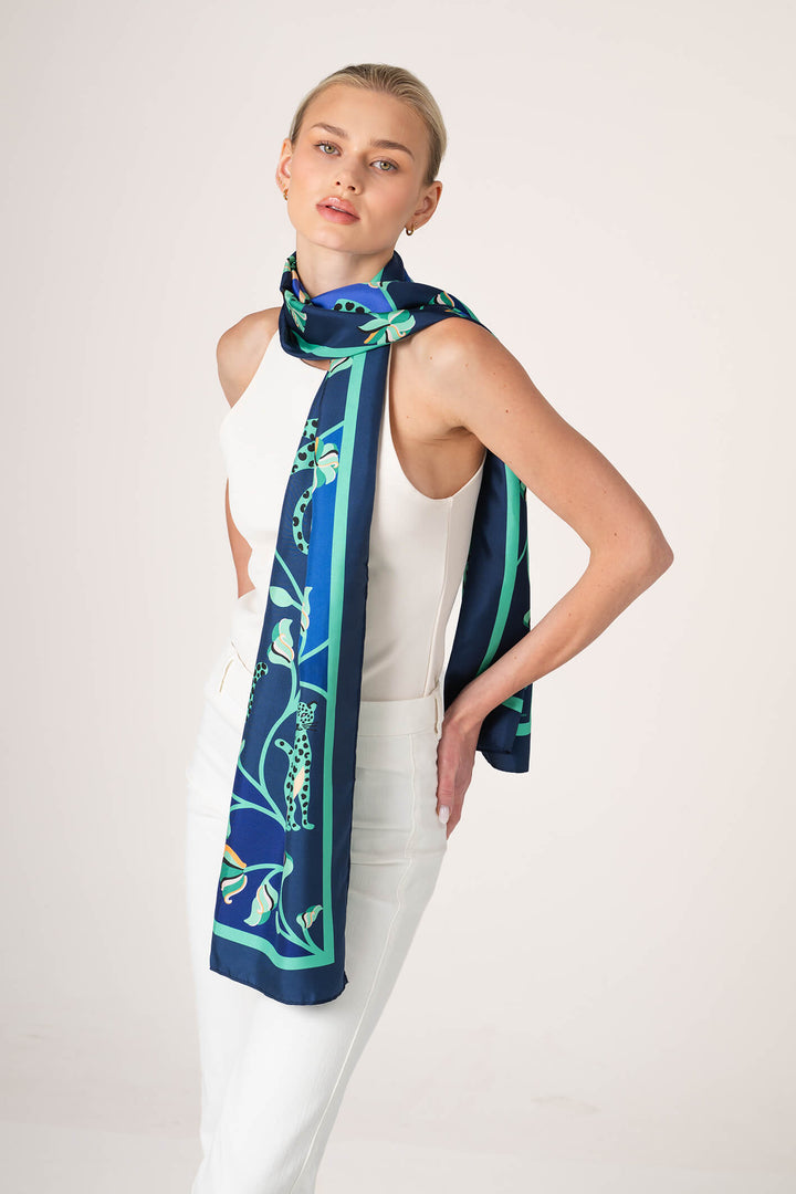 Leopards In The Verdant Wild Oblong Silk Scarf