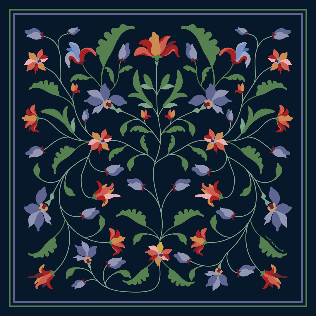Navy Vine Double Sided Silk Scarf