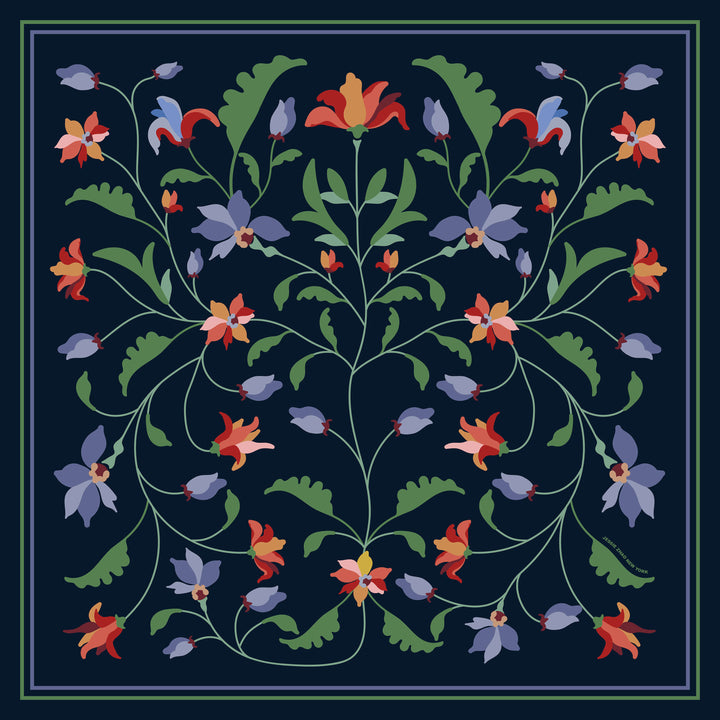Navy Vine Double Sided Silk Scarf