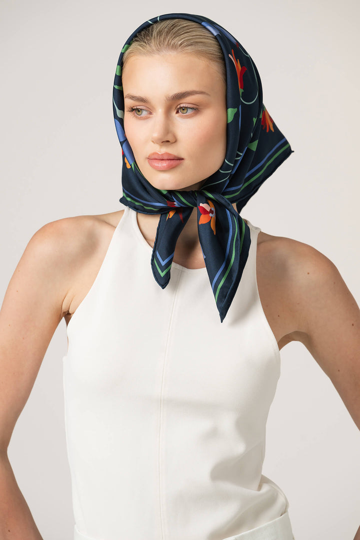 Navy Vine Double Sided Silk Scarf