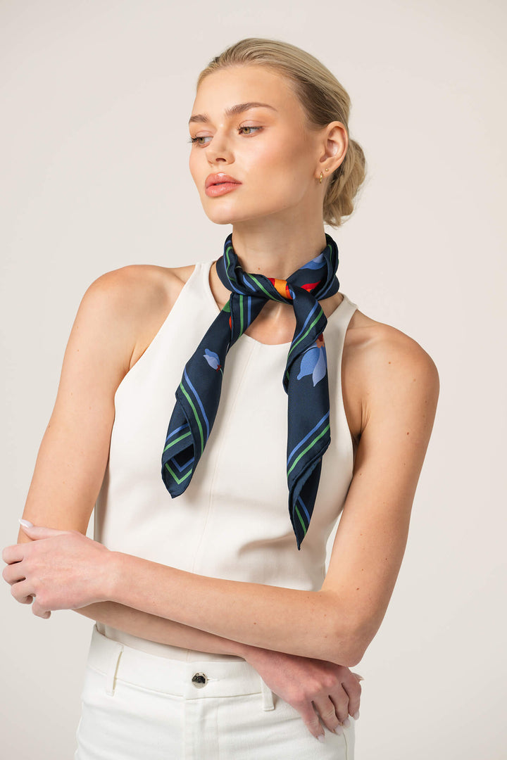 Navy Vine Double Sided Silk Scarf