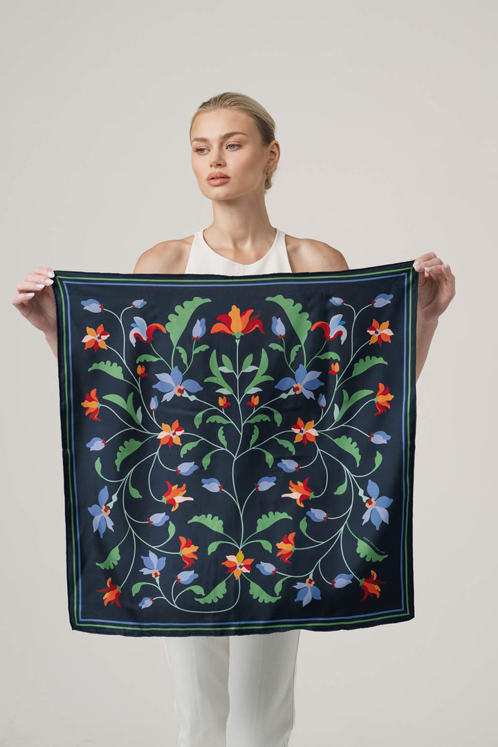 Navy Vine Double Sided Silk Scarf
