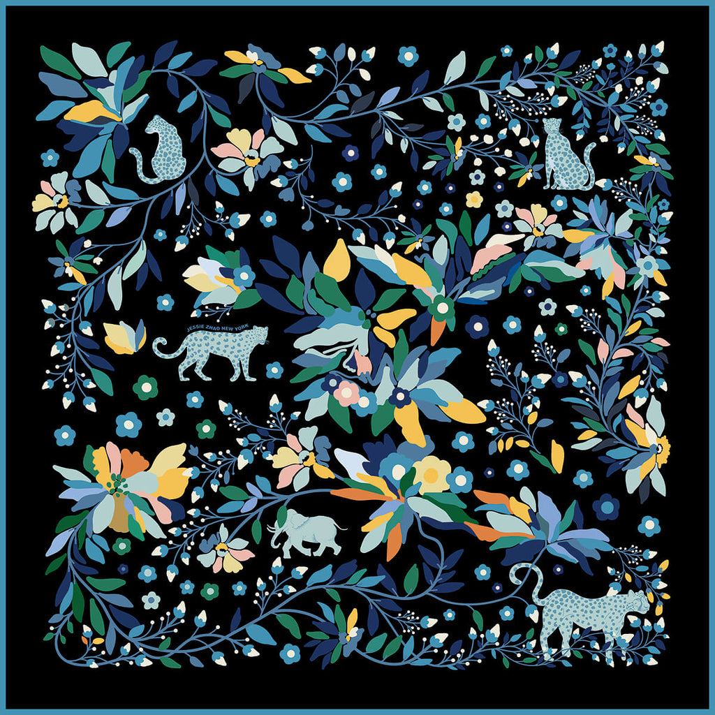 Double Sided Wool Silk Scarf Night Jungle Reverie