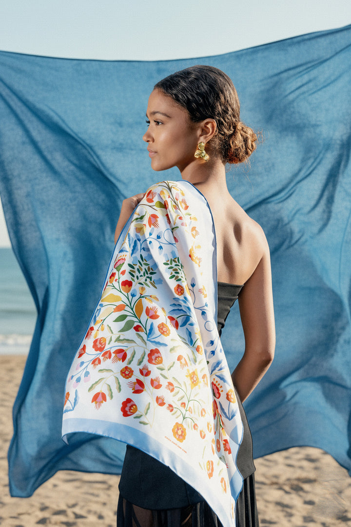 Porcelain Jardin Double Sided Silk Scarf