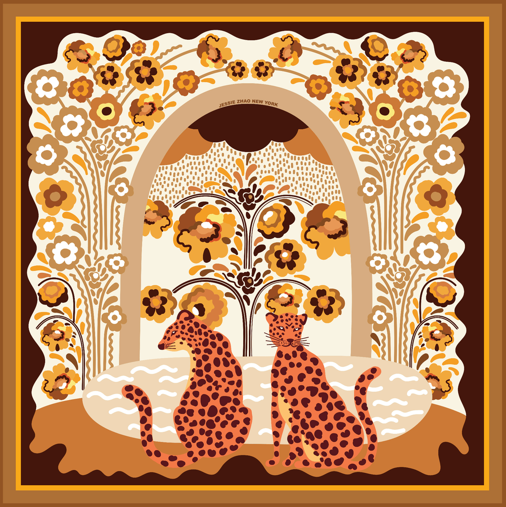 Double Sided Wool Silk Scarf Leopards Floral Fountain