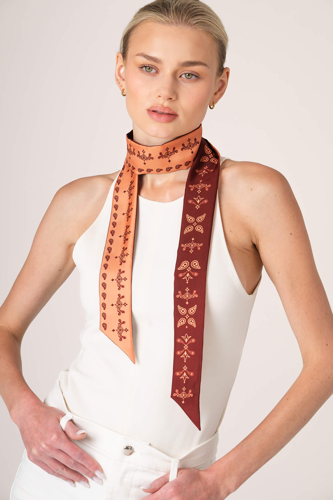 Silk Skinny Scarf Scarlet Paisley