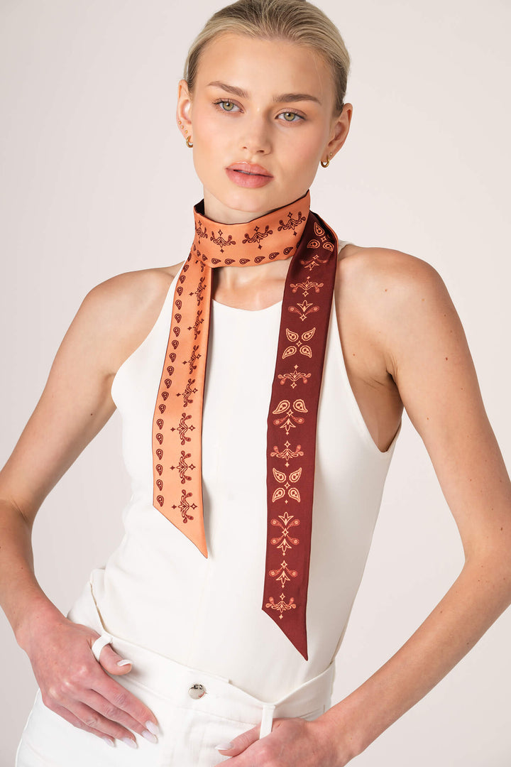Silk Skinny Scarf Scarlet Paisley