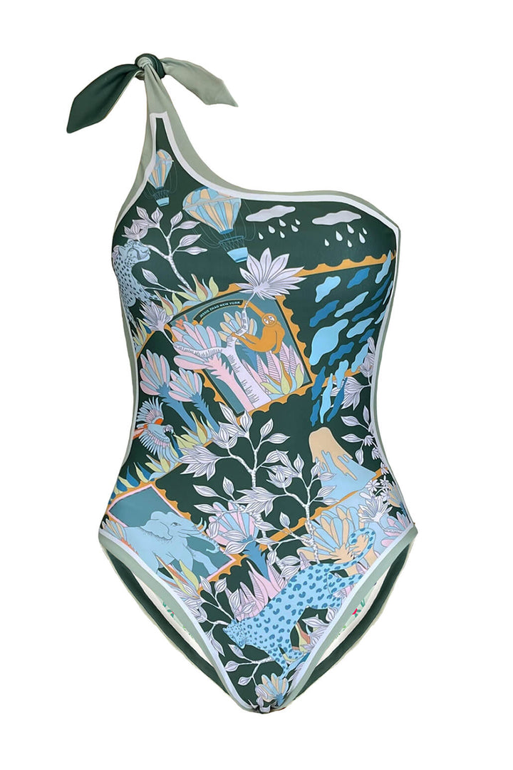 Green Garden Reversible One-Shoulder One-Piece Swimsuit
