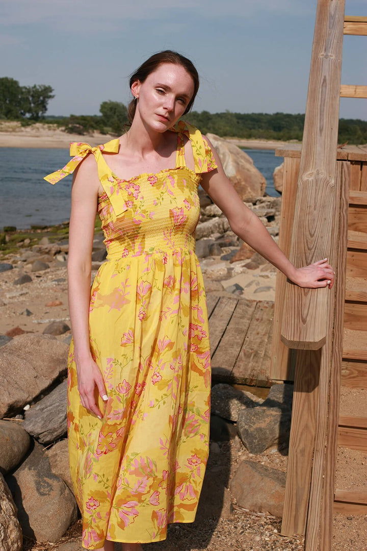 Landscape Sleeveless Smocked Midi Dress
