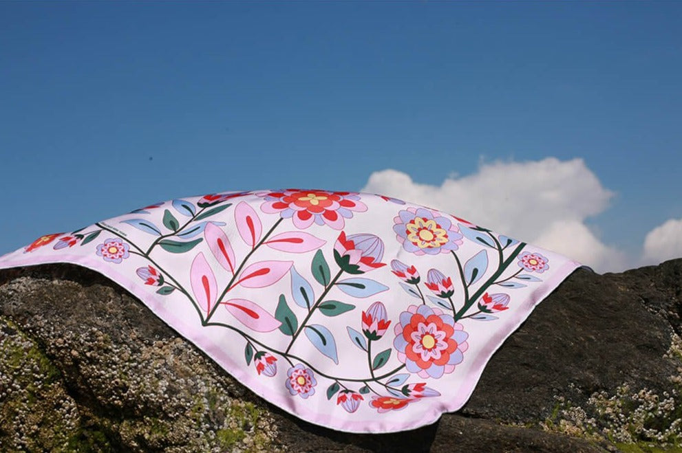 Double Sided Silk Scarf Of Pink Garden