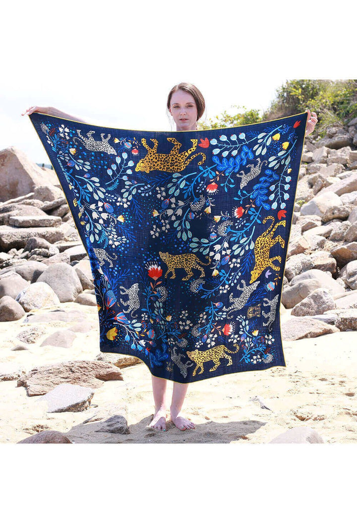 Double Sided Wool Silk Shawl Of Amazon Rainforest Journey in Blue