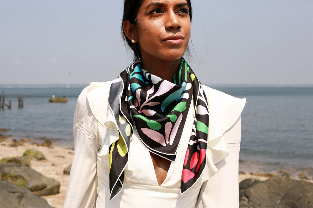 Silk Scarf of Cheerful Moments in Black