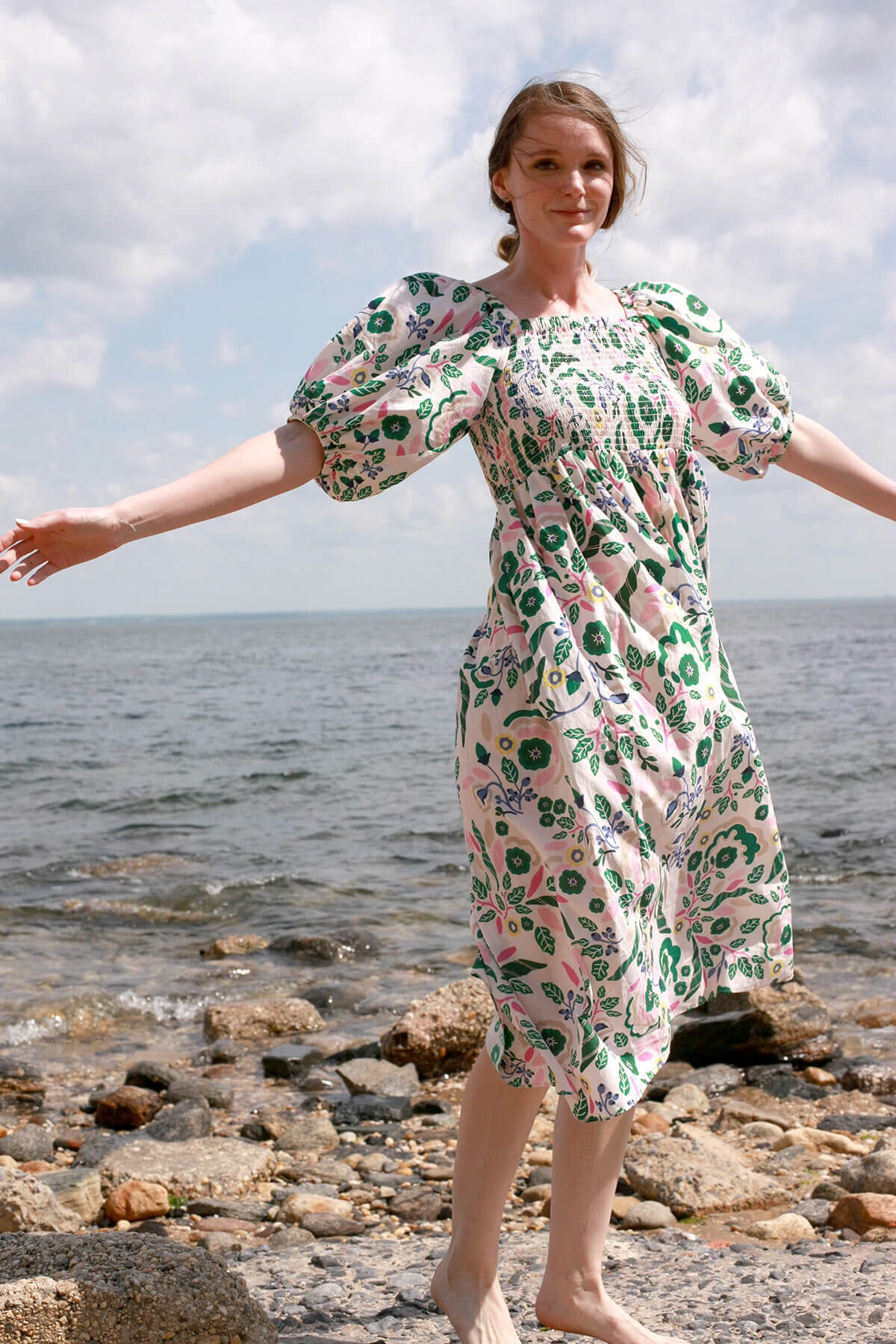 Emerald Smocked Cotton Silk Dress