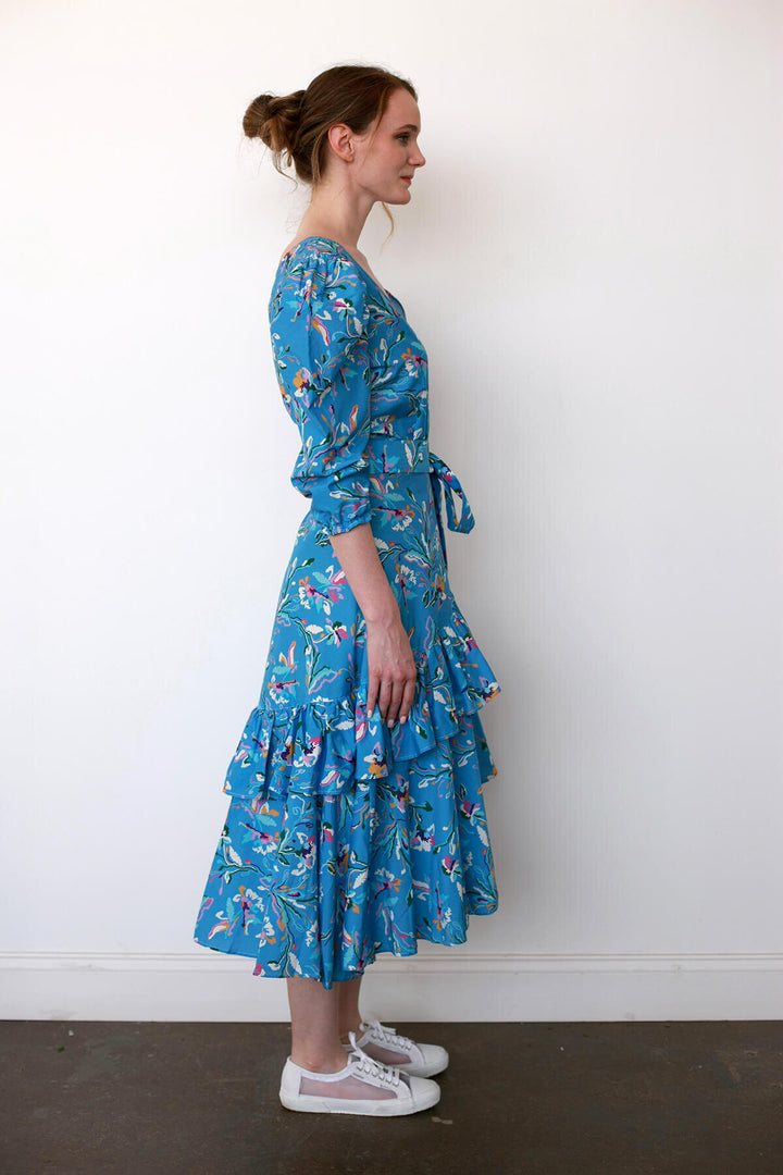 Ocean Floral Cotton Silk Wrap Dress