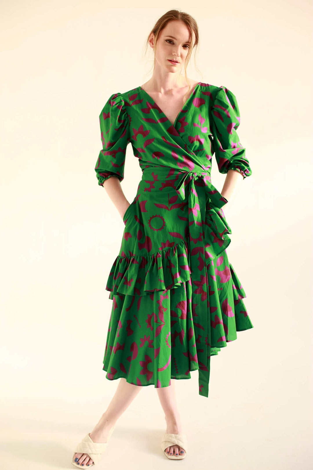 Classy Forest Green Floral Satin A-Line Gathered Crossover Dress – Sujatra