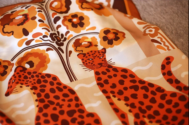 Double Sided Silk Scarf Of Leopards With Floral Fountain