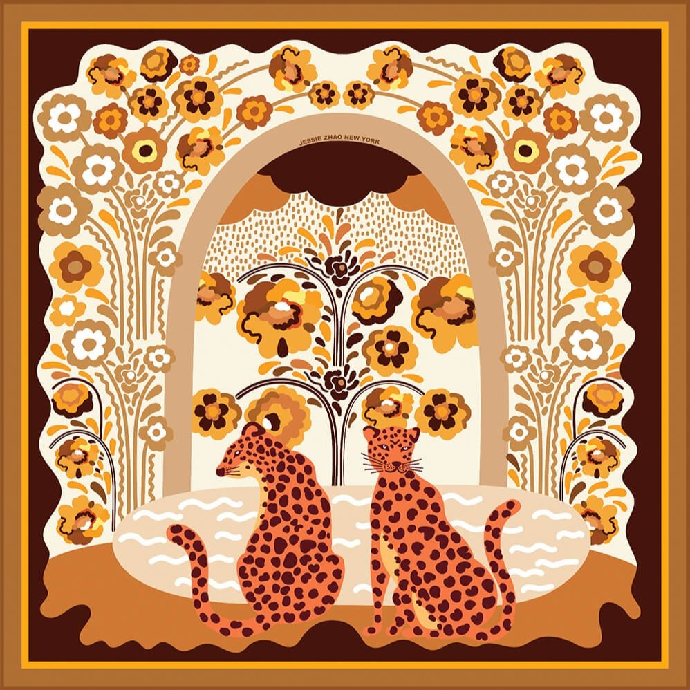 Double Sided Silk Scarf Leopards Floral Fountain
