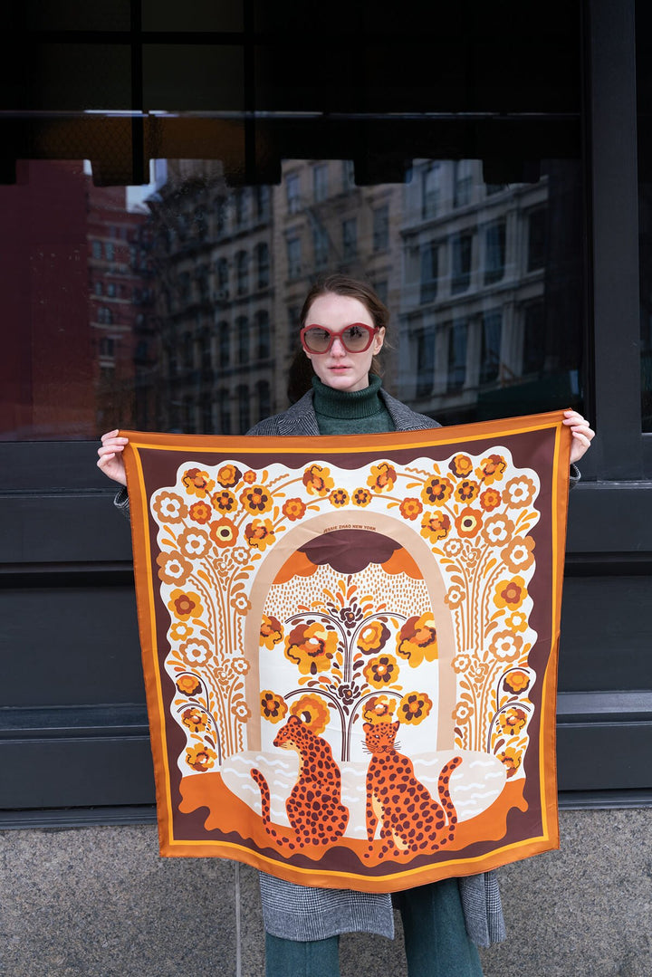 Double Sided Silk Scarf Of Leopards With Floral Fountain