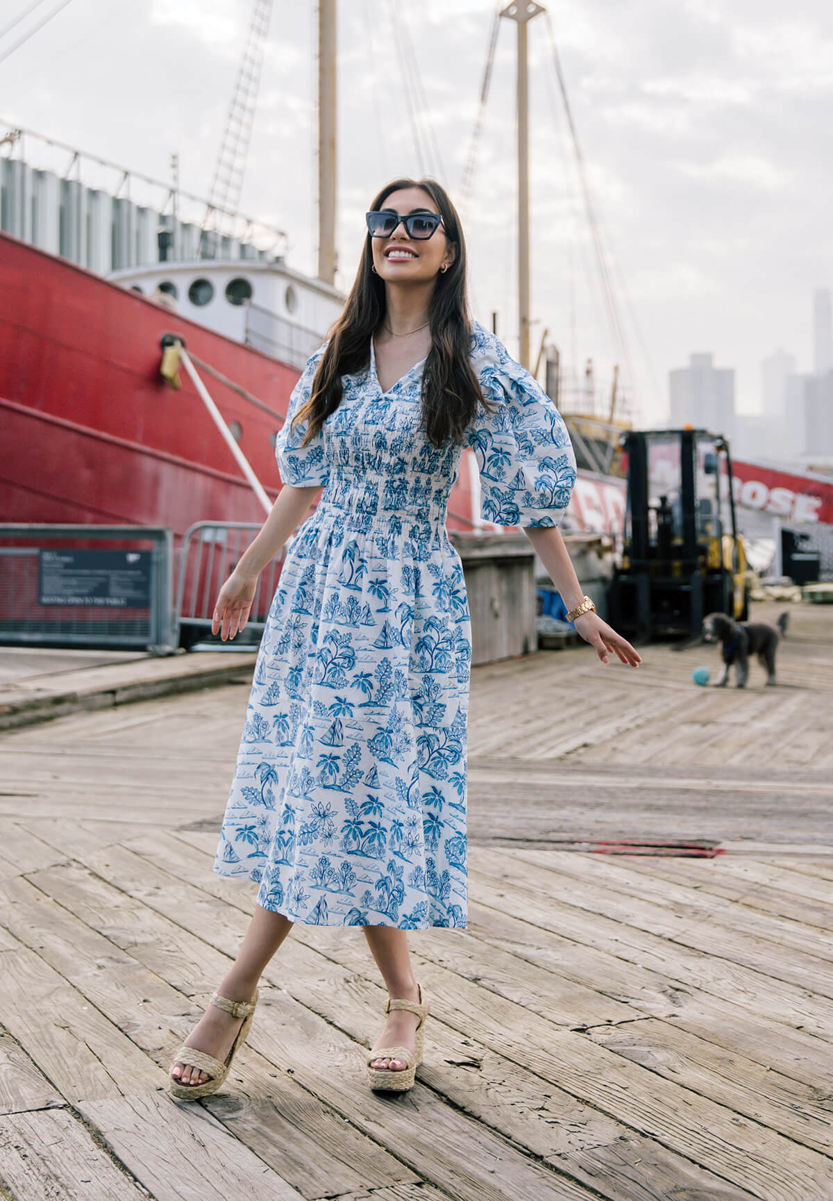 Leandra Blue Smocked V-Neck Midi Dress