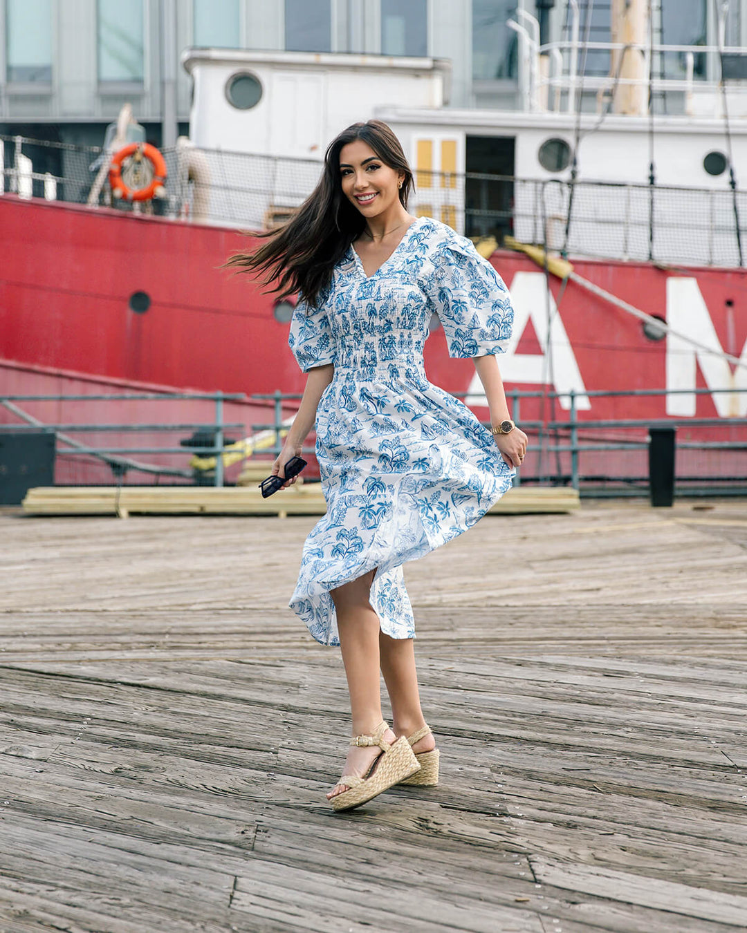 Leandra Blue Smocked V-Neck Midi Dress US2