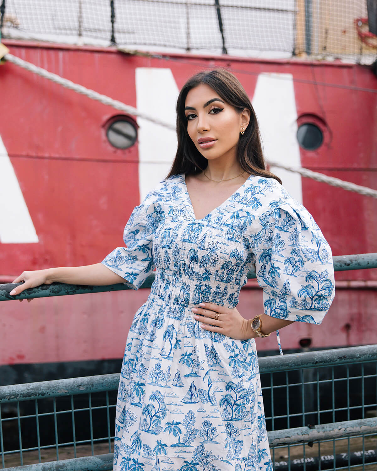 Leandra Blue Smocked V-Neck Midi Dress