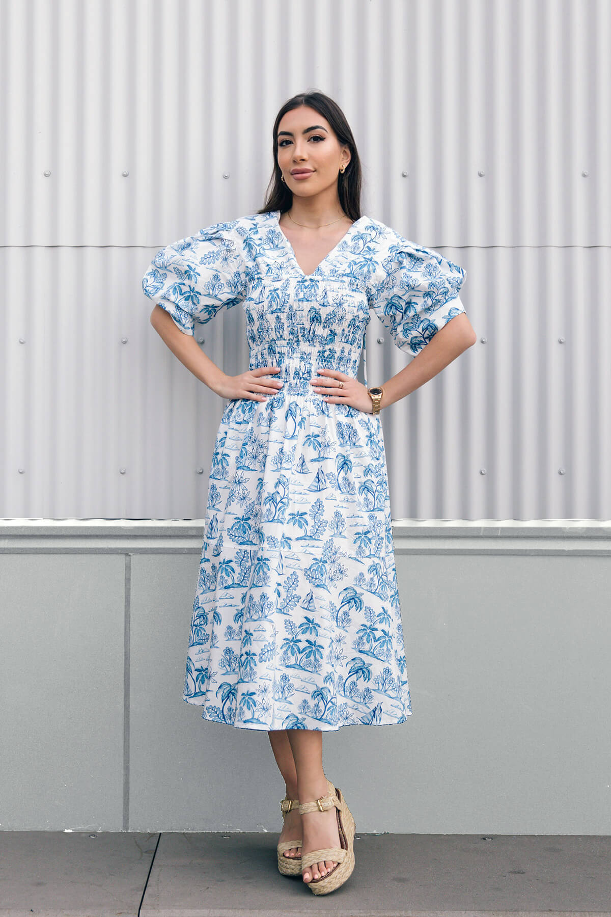 Leandra Blue Smocked V-Neck Midi Dress