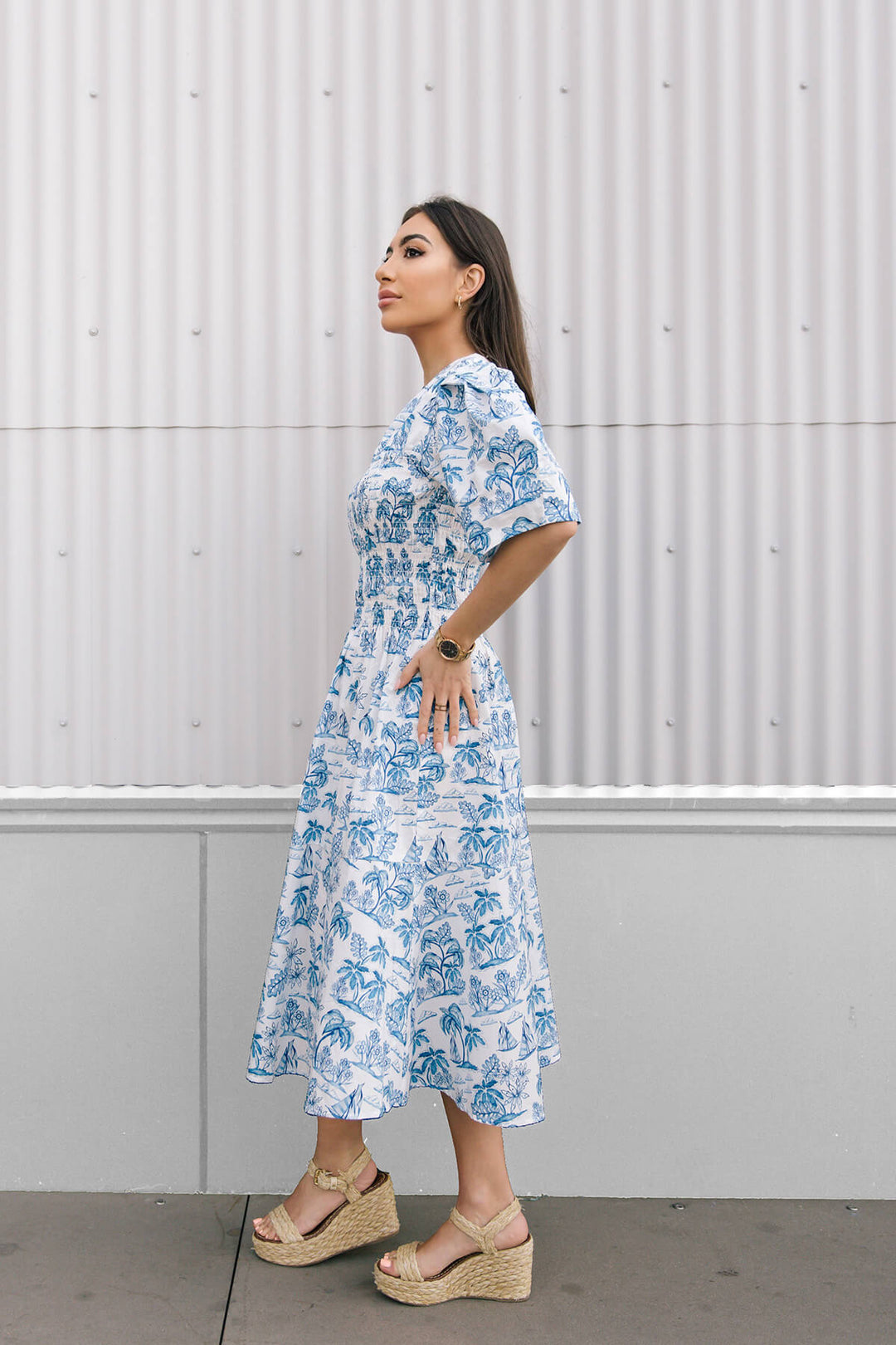 Leandra Blue Smocked V-Neck Midi Dress Leandra Blue Smocked V-Neck Midi Dress