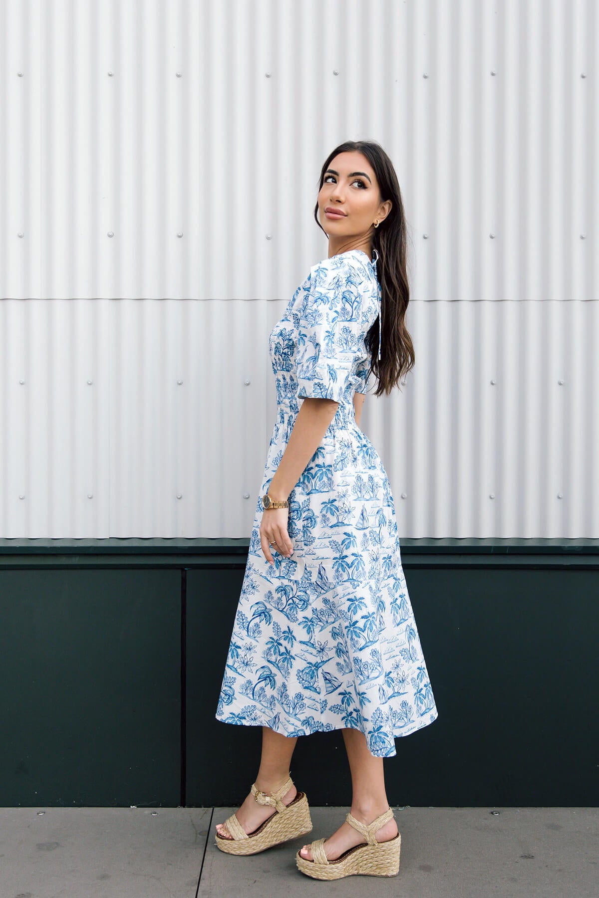 Leandra Blue Smocked V Neck Midi Dress