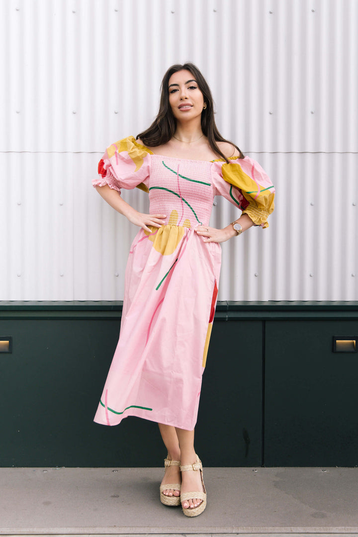 Valentina Abstract Smocked Pink Midi Dress