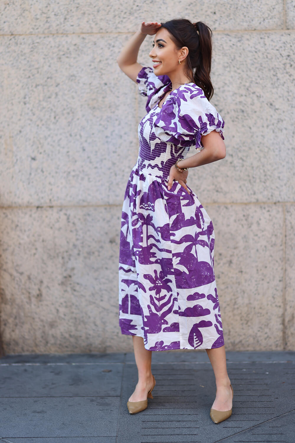 Malie Smocked Purple Midi Dress