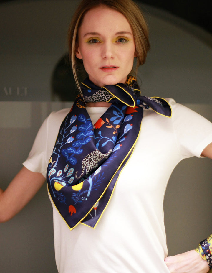 Double Sided Silk Scarf Of Amazon Rainforest Journey in Blue