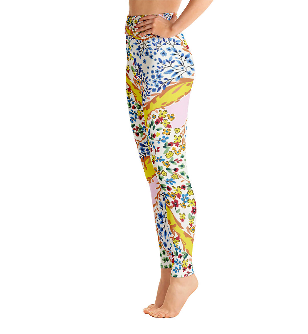 High Waist Yoga Leggings In Yellow Flower Garden