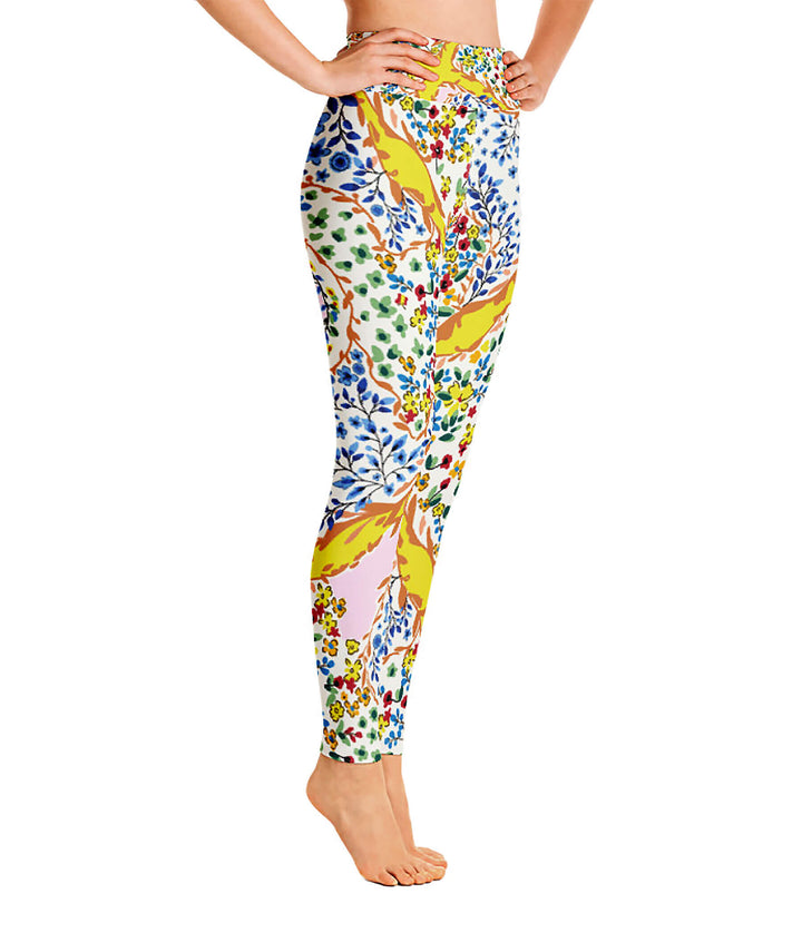 High Waist Yoga Leggings In Yellow Flower Garden